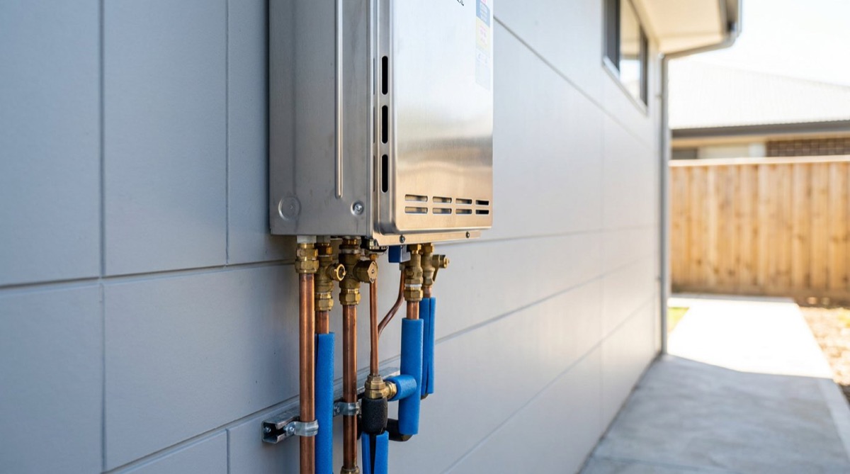 A continuous flow hot water unit plumbed in copper and blue lagged pipe on an exterior wall