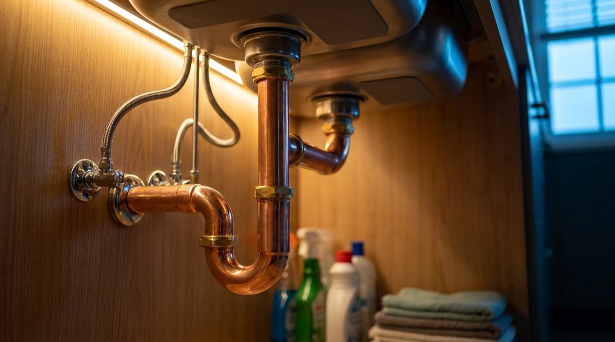 Copper pipework and a chrome trap under a kitchen sink inside a timber cabinet