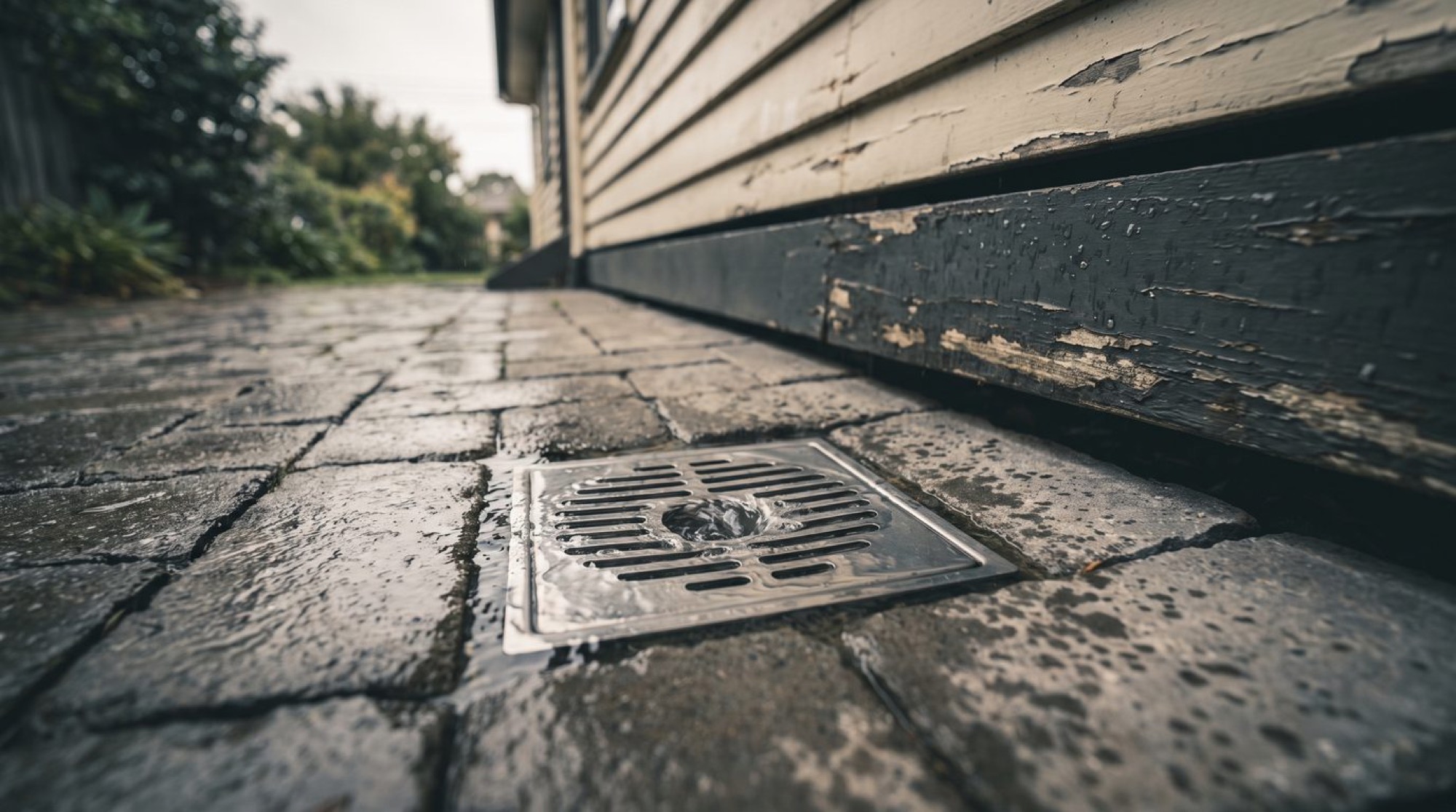 A stainless floor waste set into wet bluestone paving beside a weatherboard house