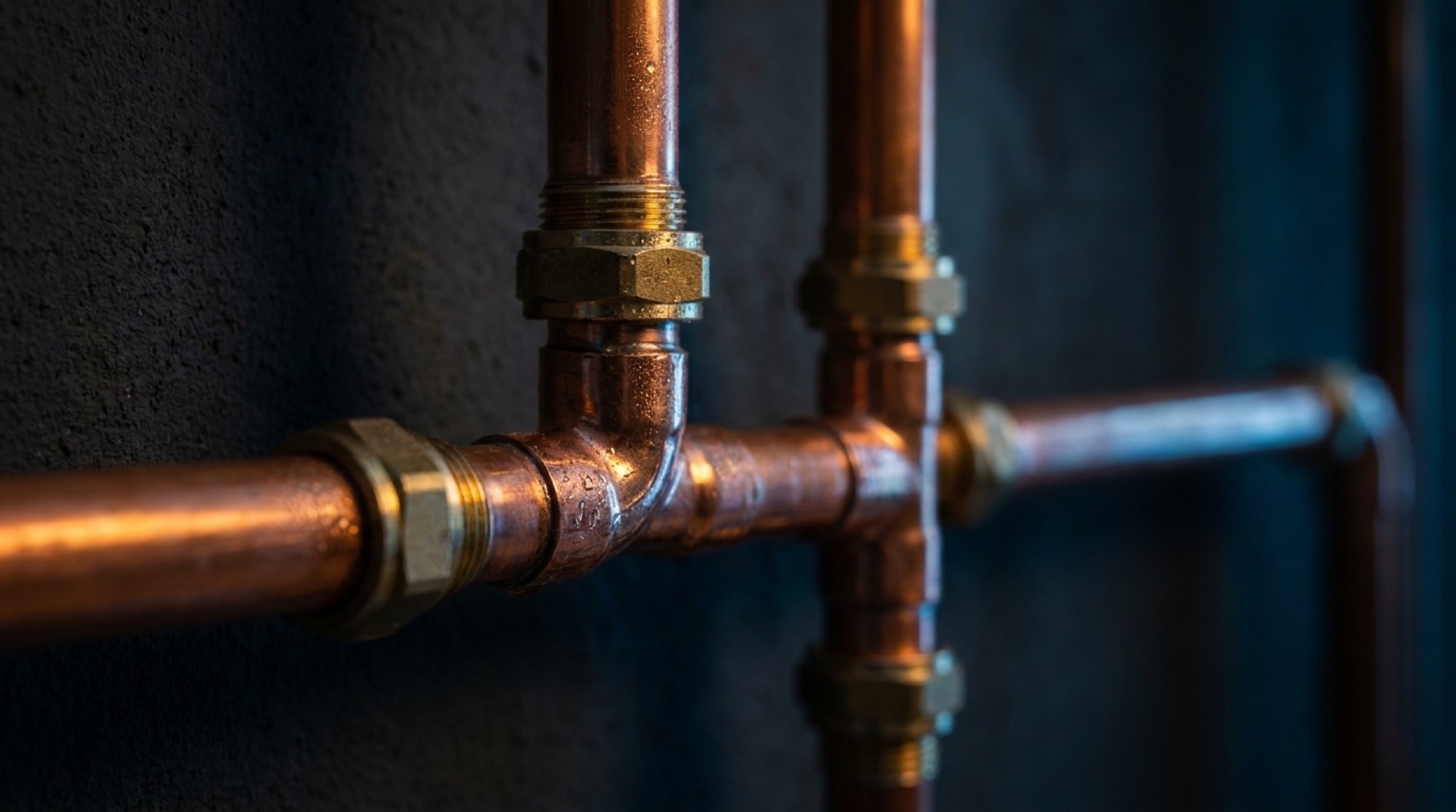Soldered copper pipework and brass fittings against a dark wall