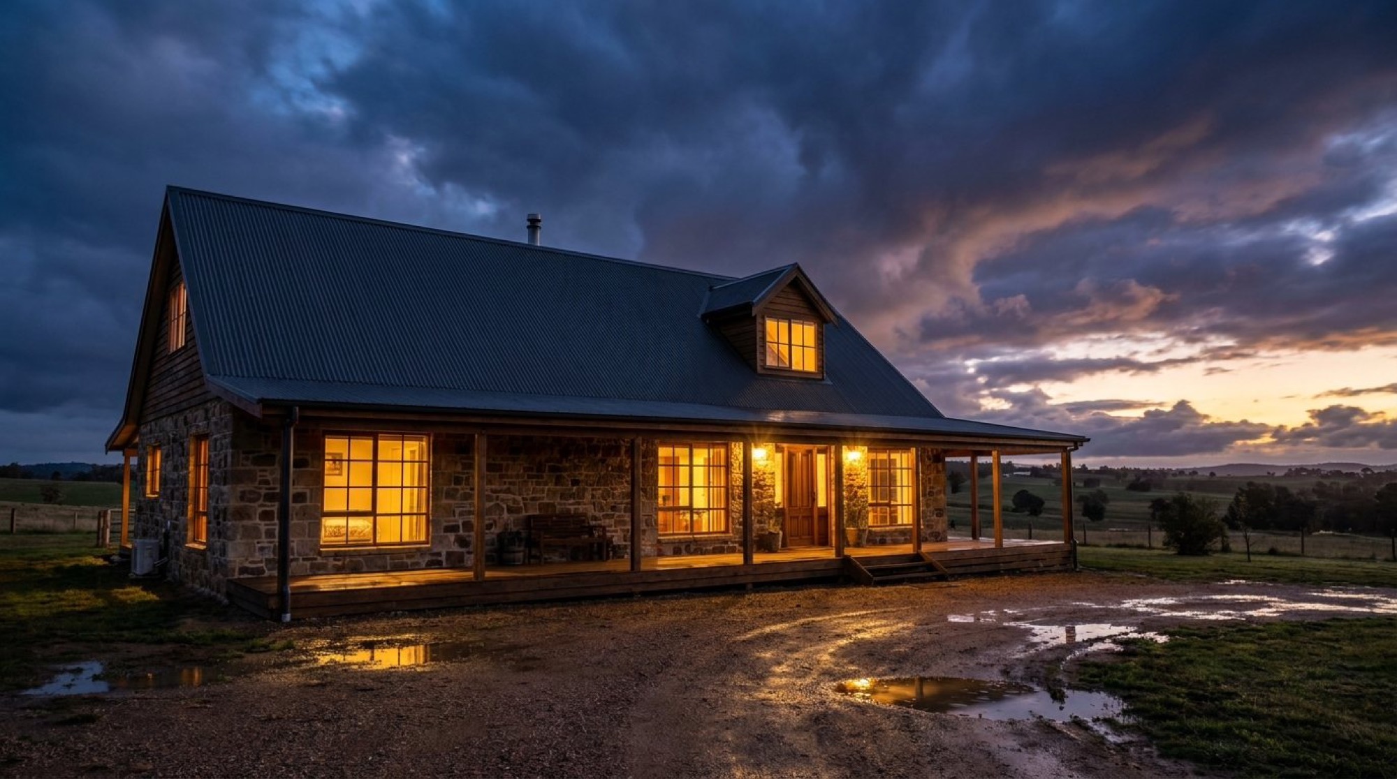 A stone and timber Victorian homestead lit from inside at dusk under a cold sky