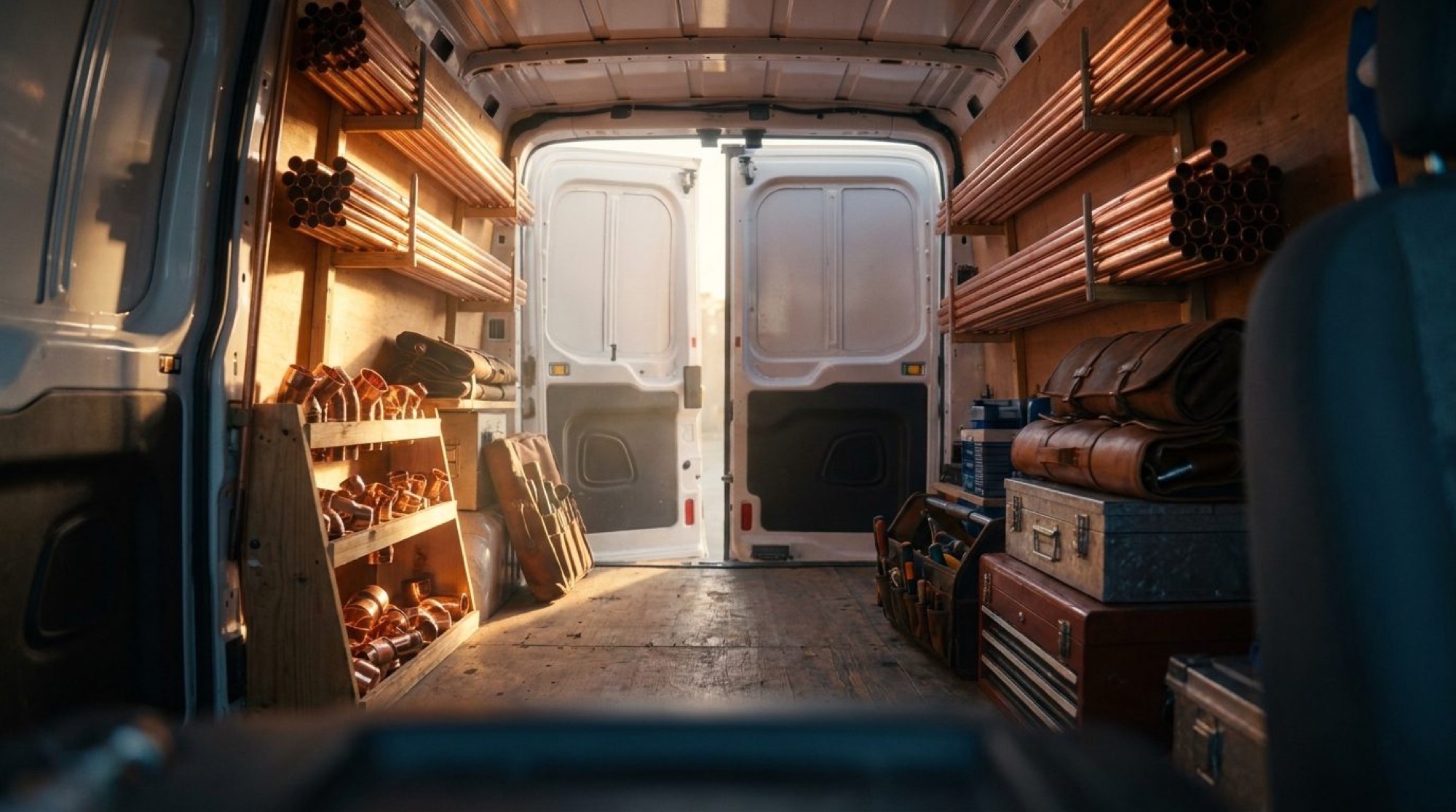 The inside of a plumbing van racked with copper pipe and tool cases in warm light
