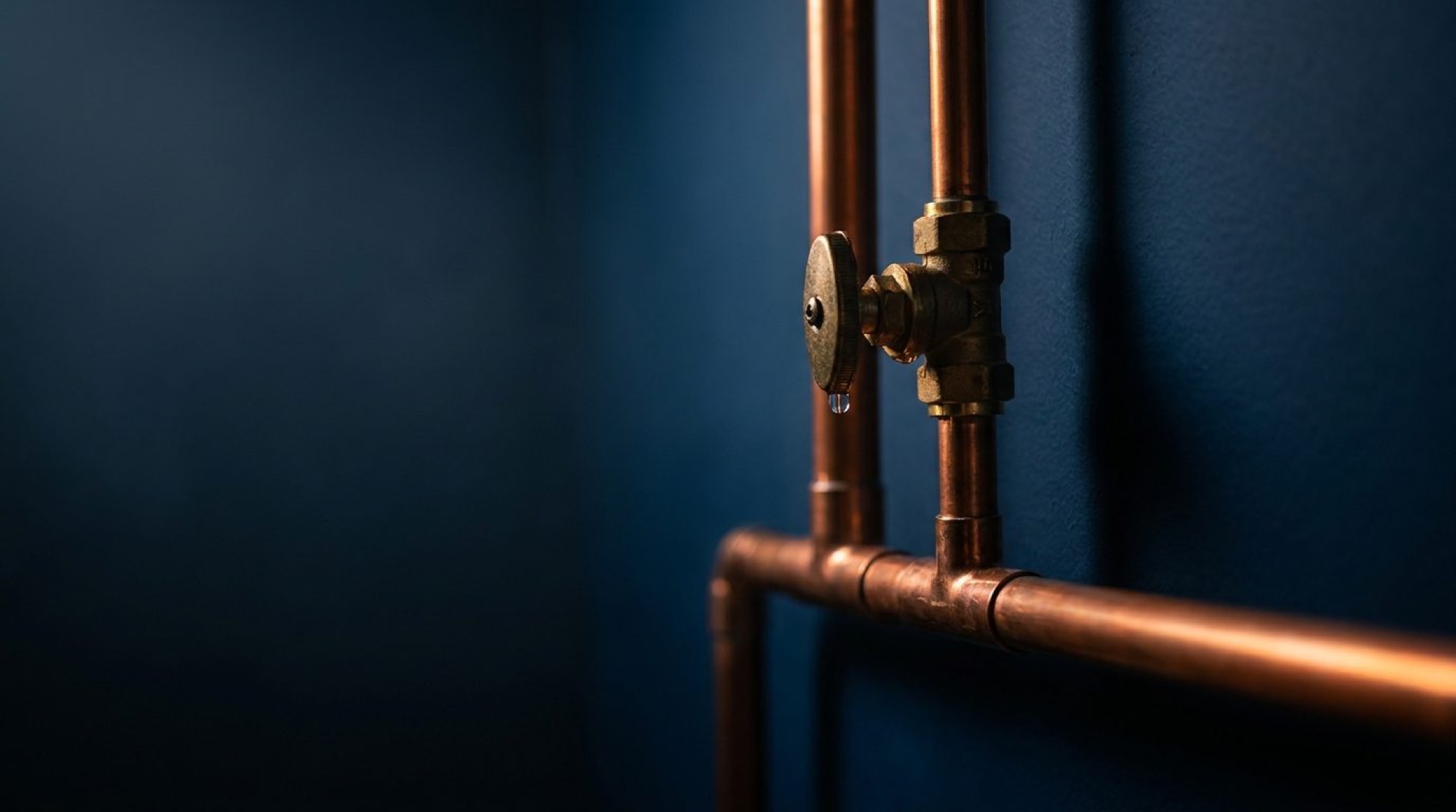 Copper pipework and a brass stop valve with a single drip against a deep navy wall