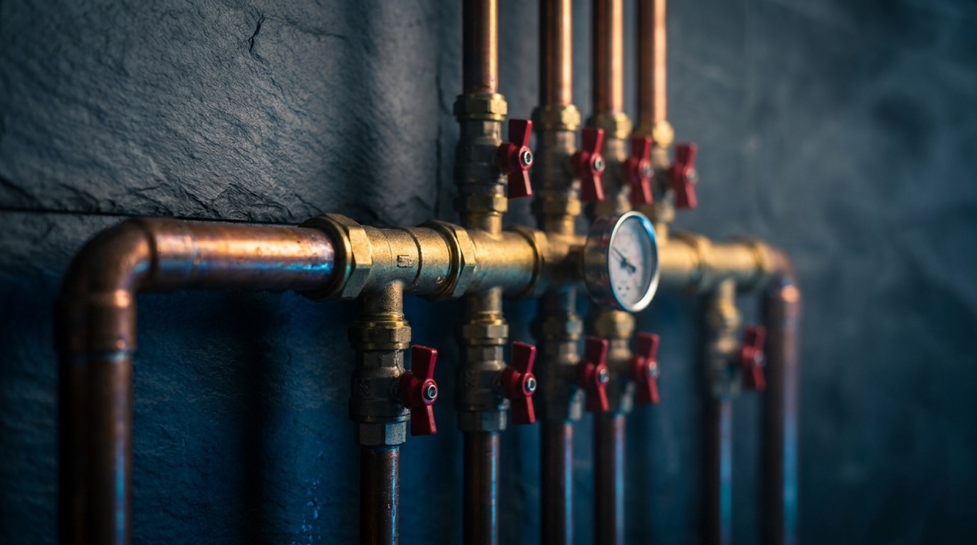 A copper manifold with brass fittings, red valve handles and a pressure gauge on a stone wall
