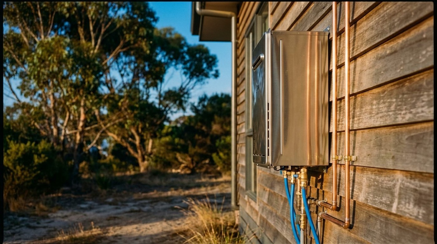 A stainless continuous flow hot water unit mounted on a weatherboard wall with copper and blue pipework